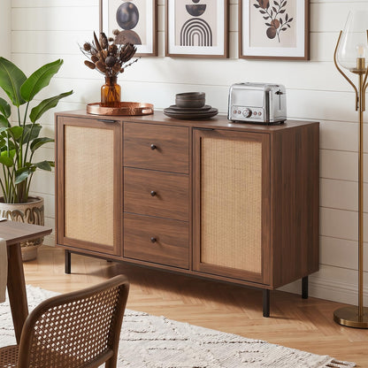 Goflame 47.5 Sideboard Buffet Cabinet with Storage with 2 Rattan Doors and 3 Drawers