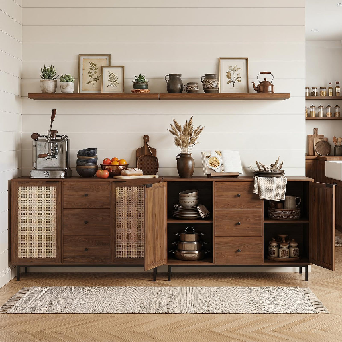 Goflame 47.5 Sideboard Buffet Cabinet with Storage with 2 Rattan Doors and 3 Drawers