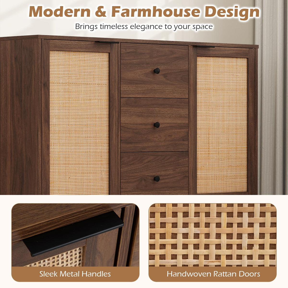 Goflame 47.5 Sideboard Buffet Cabinet with Storage with 2 Rattan Doors and 3 Drawers