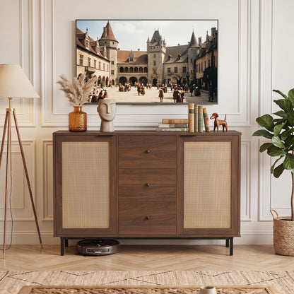 Goflame 47.5 Sideboard Buffet Cabinet with Storage with 2 Rattan Doors and 3 Drawers