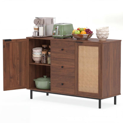 Goflame 47.5 Sideboard Buffet Cabinet with Storage with 2 Rattan Doors and 3 Drawers