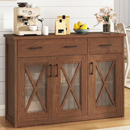 Goflame 47" Farmhouse Buffet Cabinet w/Fluted Glass Doors 2 Drawers & Adjustable Shelves