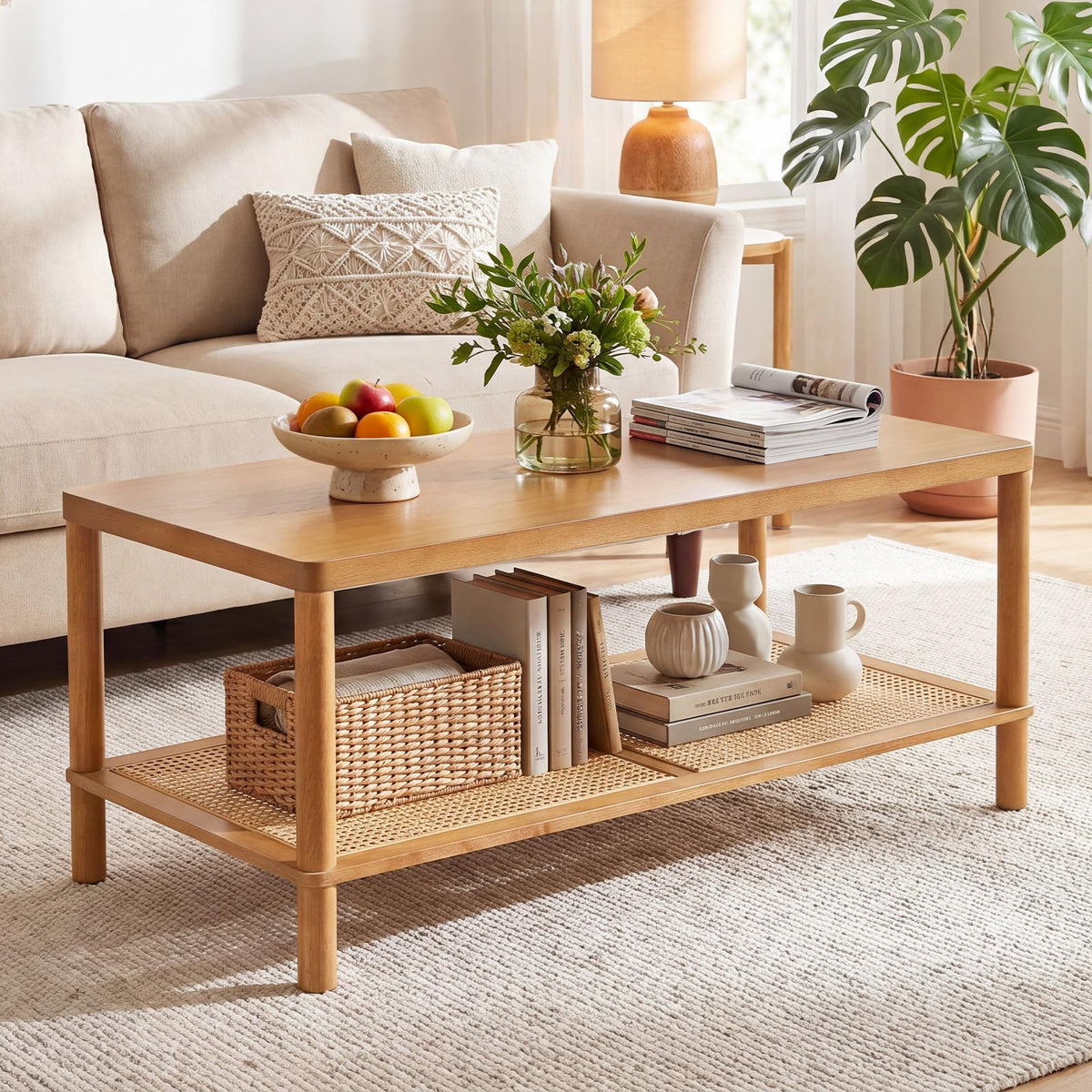 Goflame Rattan Coffee Table with Rubber Wood Frame & PVC Rattan Storage Shelf