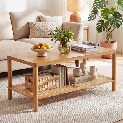 Goflame Rattan Coffee Table with Rubber Wood Frame & PVC Rattan Storage Shelf