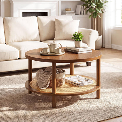 Goflame Round Rattan Coffee Table with Storage & Solid Rubber Wood Legs