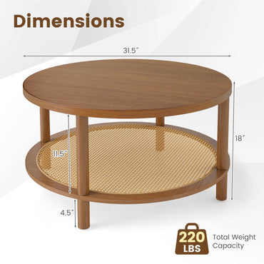 Goflame Round Rattan Coffee Table with Storage & Solid Rubber Wood Legs