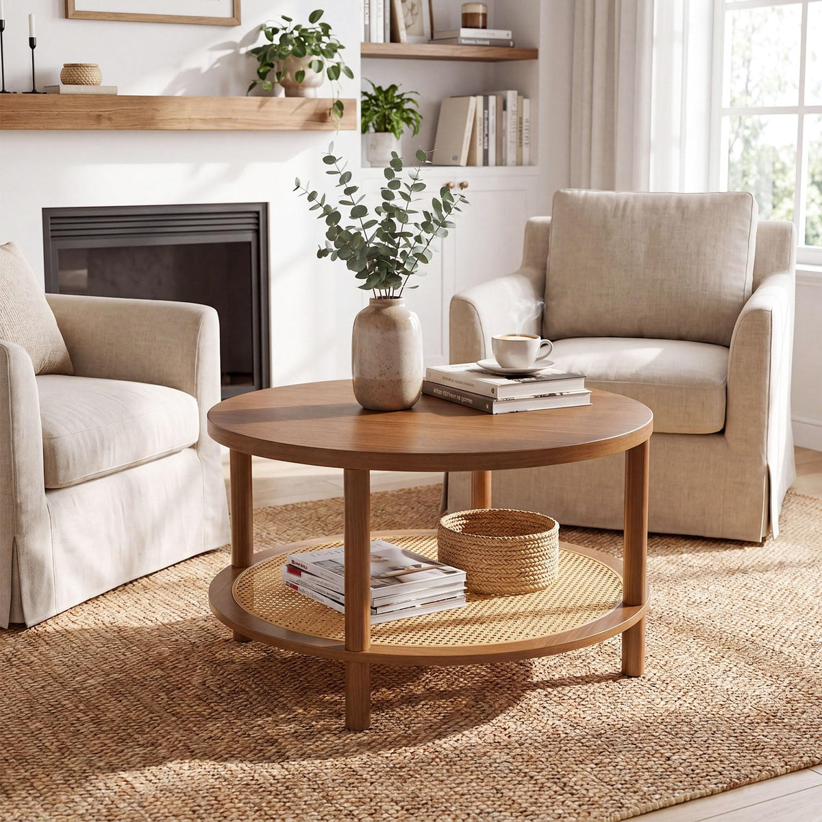 Goflame Round Rattan Coffee Table with Storage & Solid Rubber Wood Legs