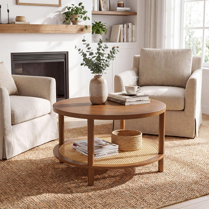Goflame Round Rattan Coffee Table with Storage & Solid Rubber Wood Legs