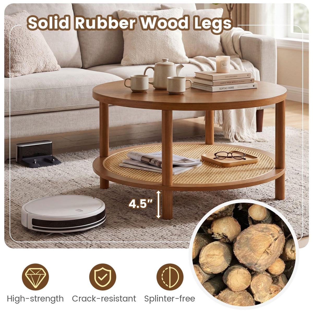 Goflame Round Rattan Coffee Table with Storage & Solid Rubber Wood Legs