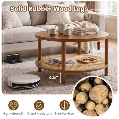Goflame Round Rattan Coffee Table with Storage & Solid Rubber Wood Legs