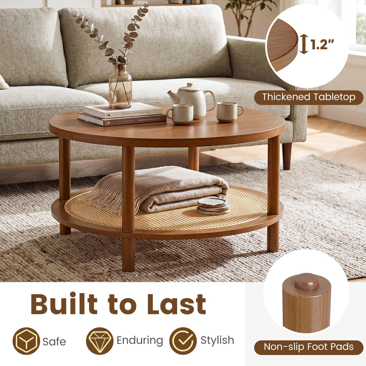 Goflame Round Rattan Coffee Table with Storage & Solid Rubber Wood Legs