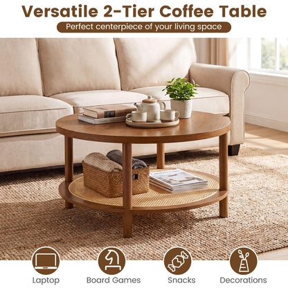 Goflame Round Rattan Coffee Table with Storage & Solid Rubber Wood Legs