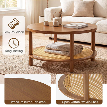 Goflame Round Rattan Coffee Table with Storage & Solid Rubber Wood Legs