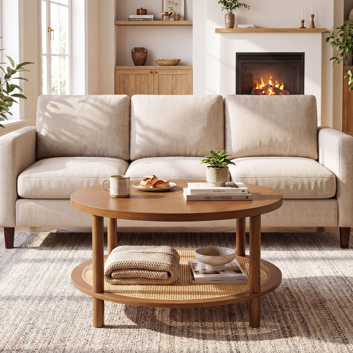 Goflame Round Rattan Coffee Table with Storage & Solid Rubber Wood Legs