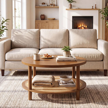Goflame Round Rattan Coffee Table with Storage & Solid Rubber Wood Legs