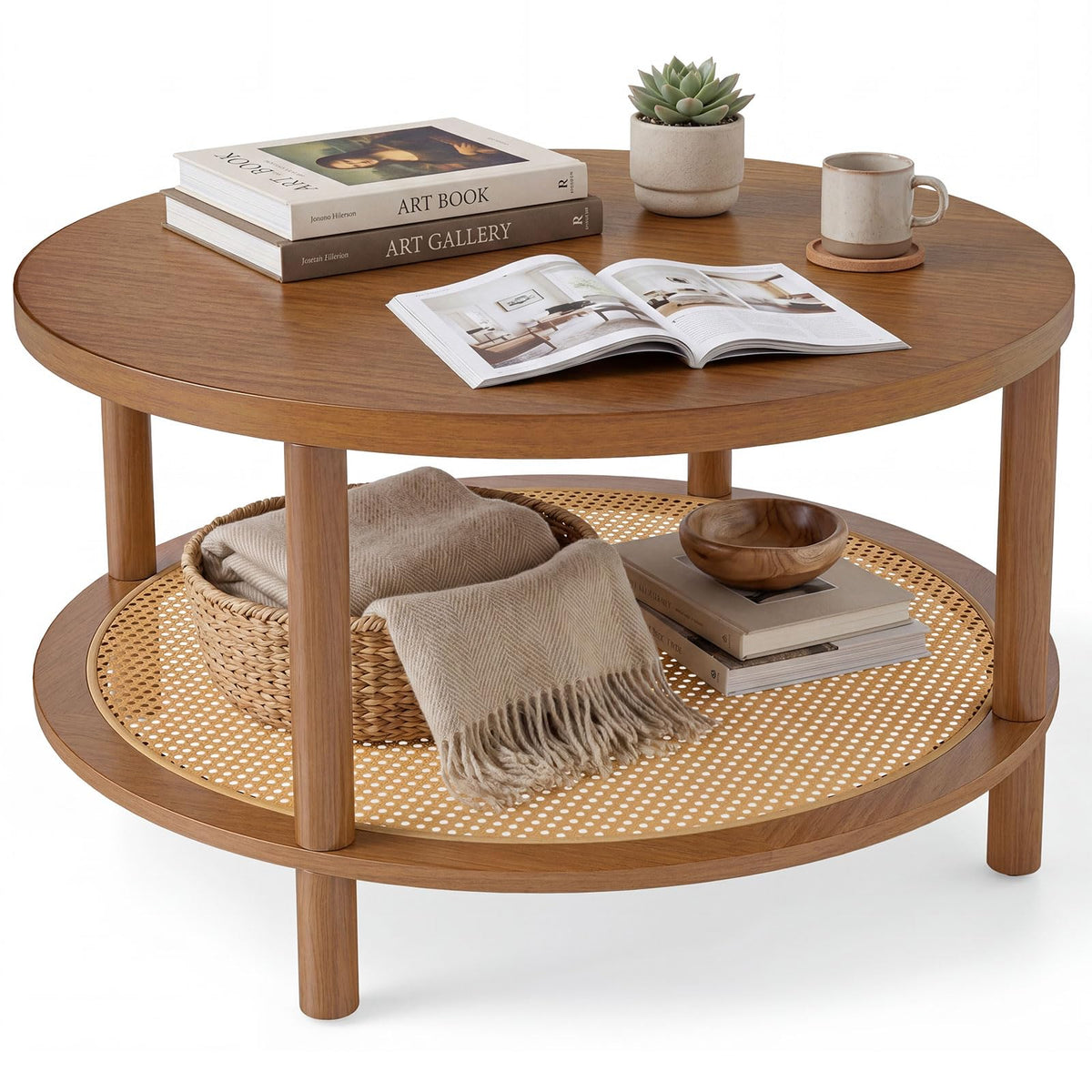 Goflame Round Rattan Coffee Table with Storage & Solid Rubber Wood Legs