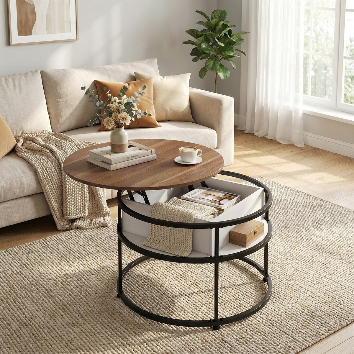 Goflame 31.5" Round Lift Top Coffee Table with Storage and Hidden Compartment