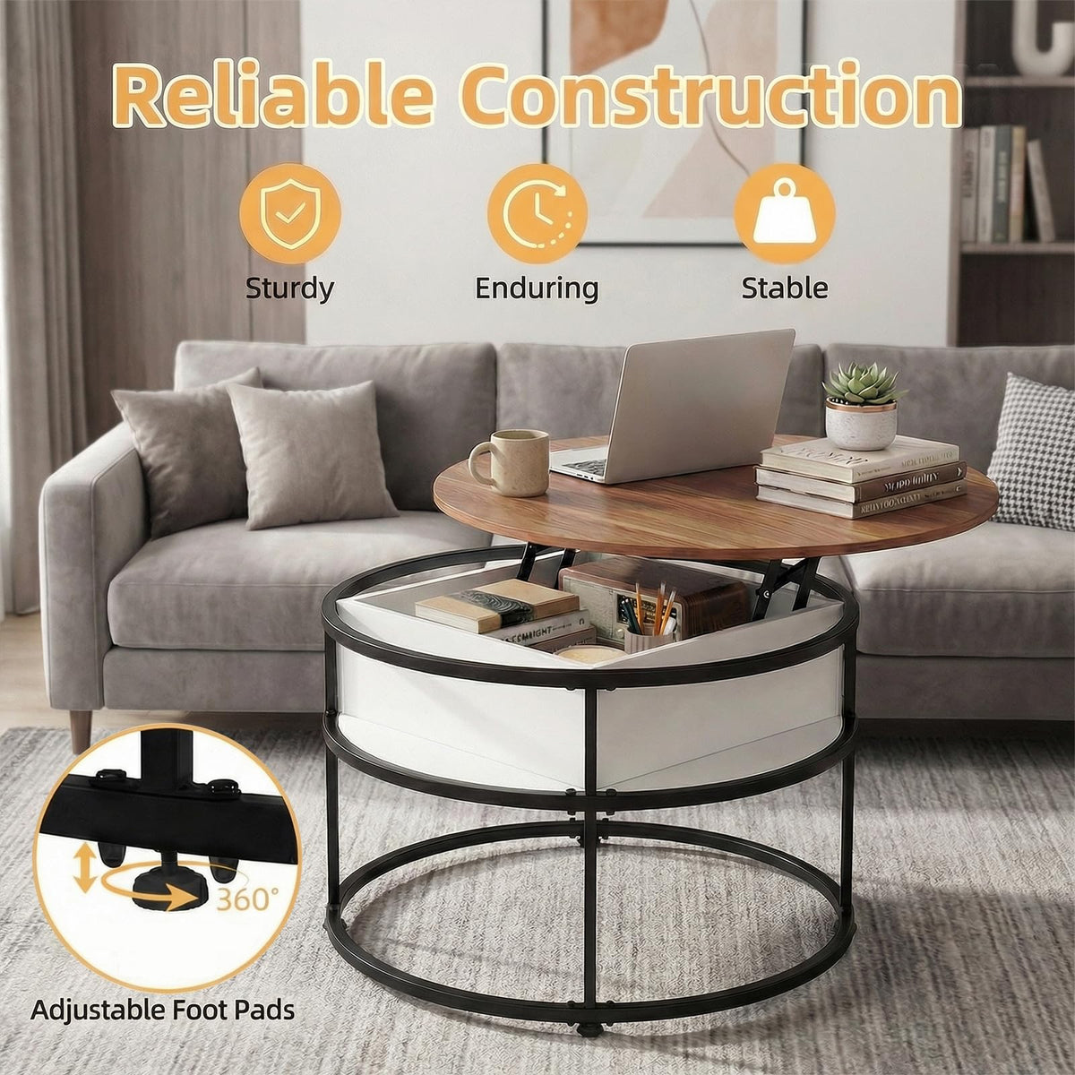Goflame 31.5" Round Lift Top Coffee Table with Storage and Hidden Compartment