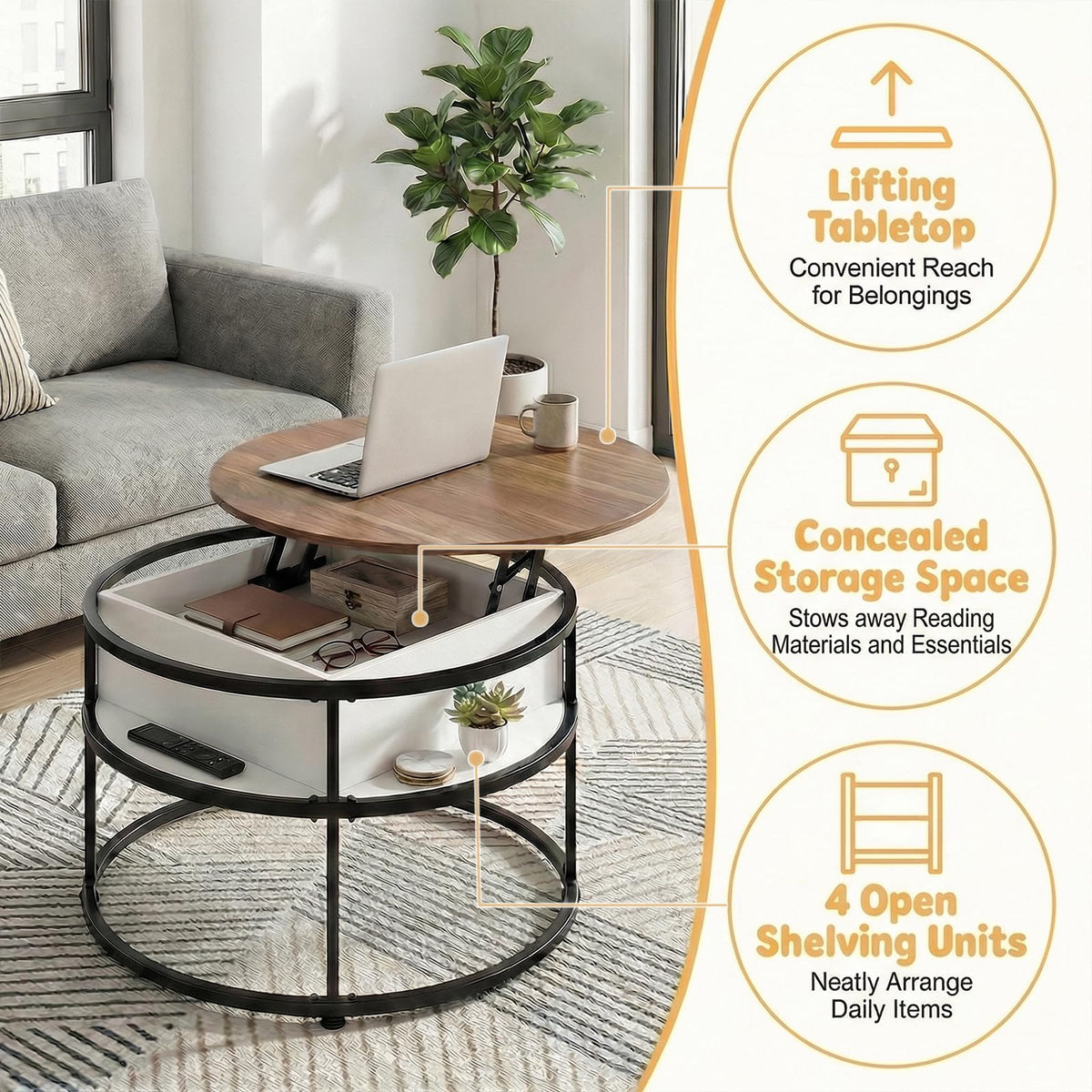 Goflame 31.5" Round Lift Top Coffee Table with Storage and Hidden Compartment