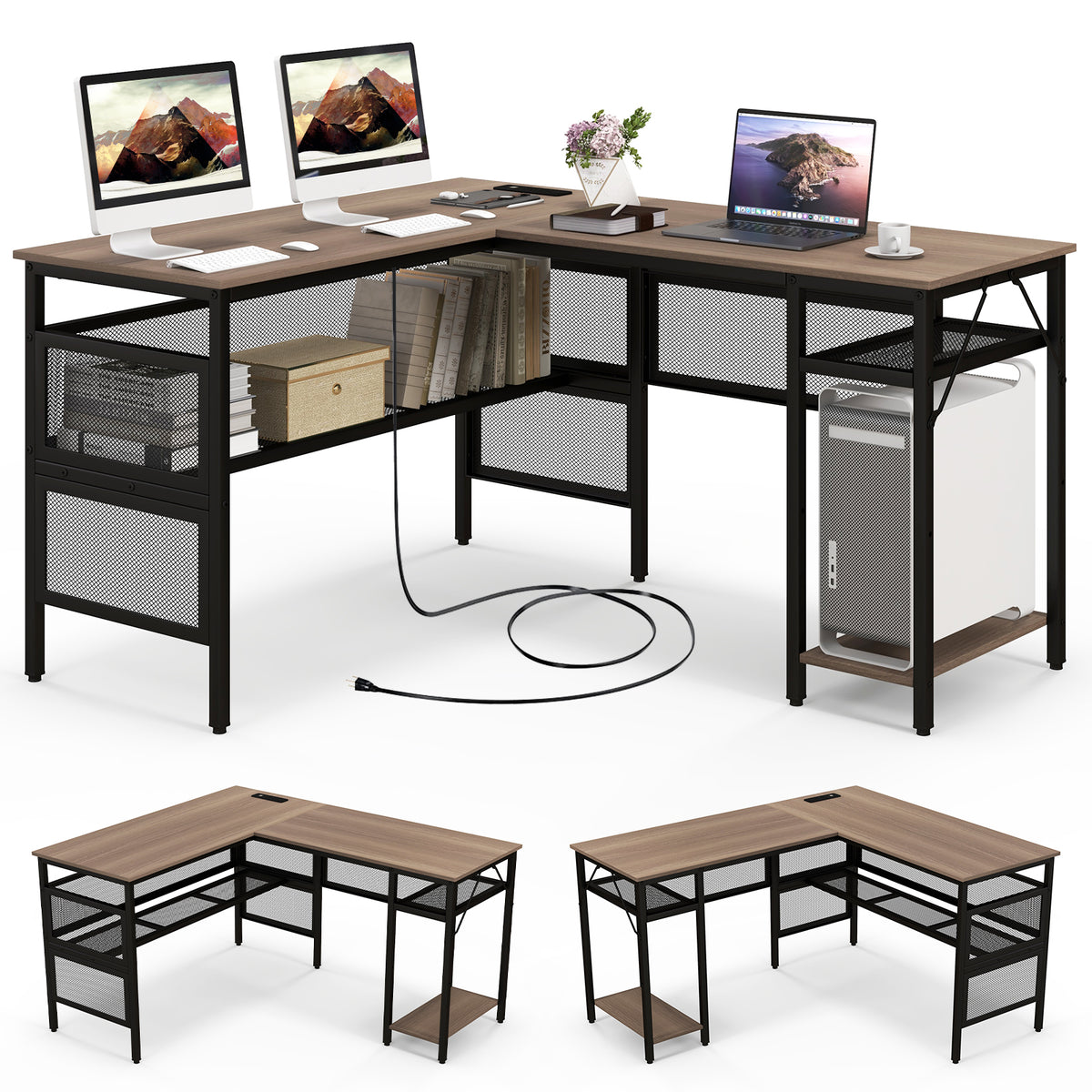 Goflame L Shaped Desk with Power Outlets & USB Ports