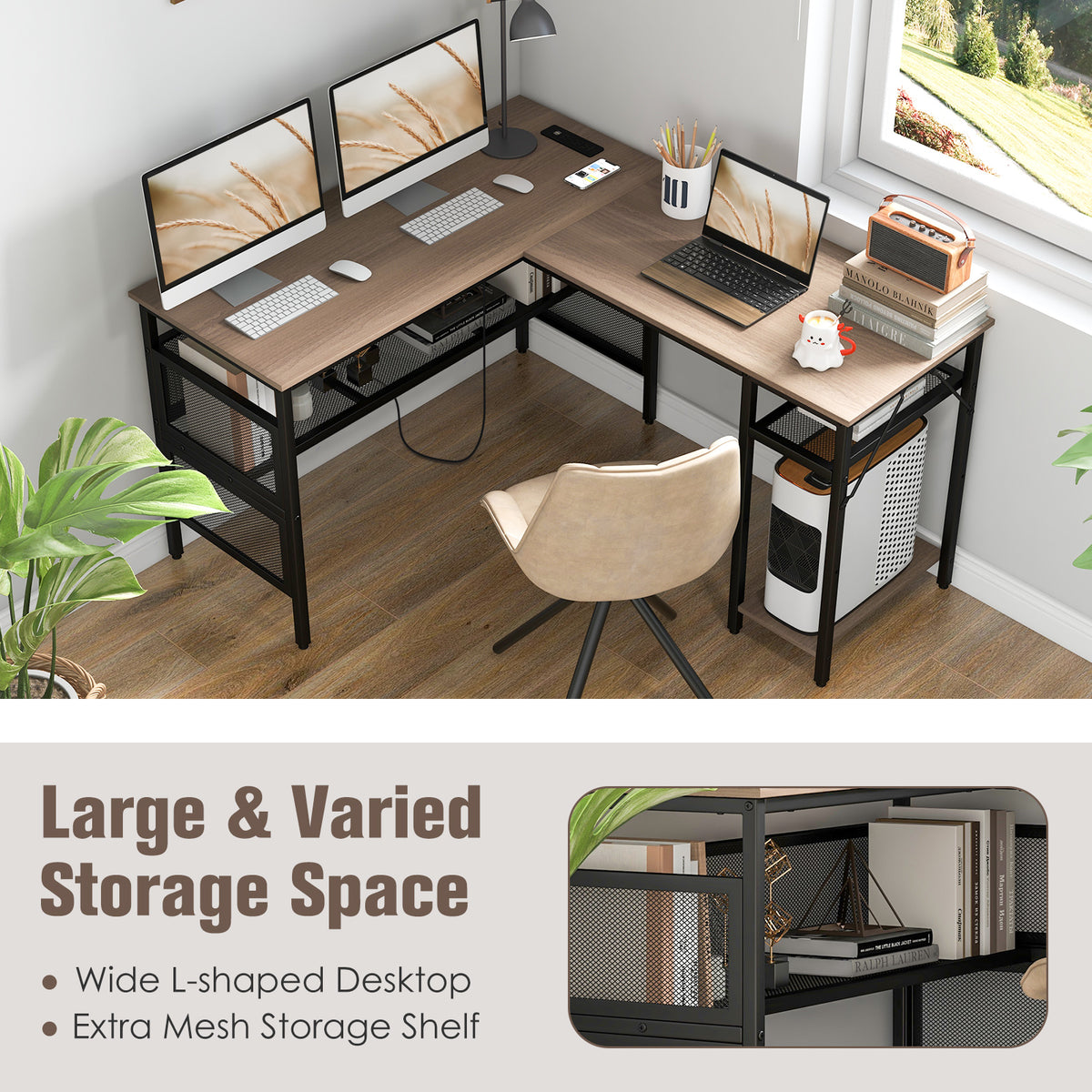 Goflame L Shaped Desk with Power Outlets & USB Ports