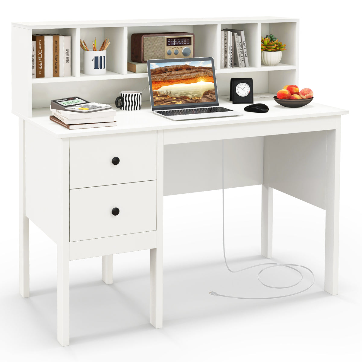 Goflame White Desk with Drawers and Power Outlet, 48" Home Office Computer Desk with 5-Cubby Hutch