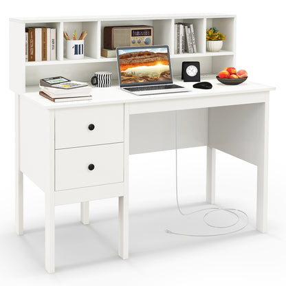 Goflame White Desk with Drawers and Power Outlet, 48" Home Office Computer Desk with 5-Cubby Hutch