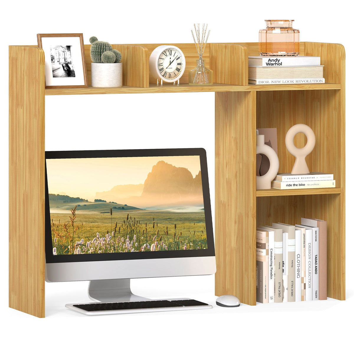 Goflame Desktop Bookshelf, Wood Desk Hutch Organizer for 27 Inch Computer Monitor