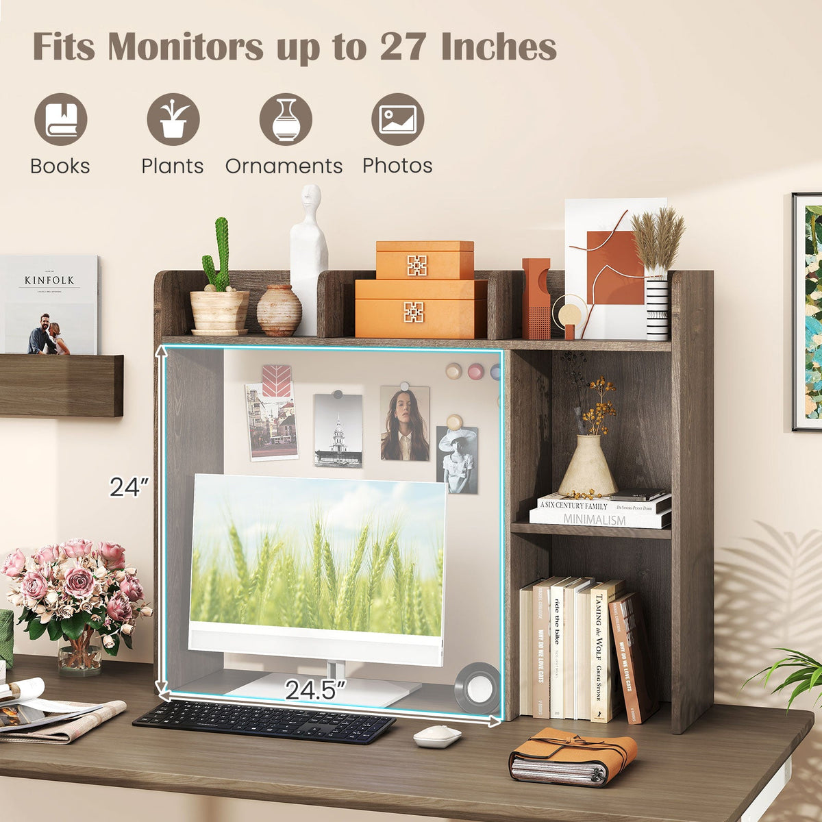 Goflame Desktop Bookshelf, Wood Desk Hutch Organizer for 27 Inch Computer Monitor