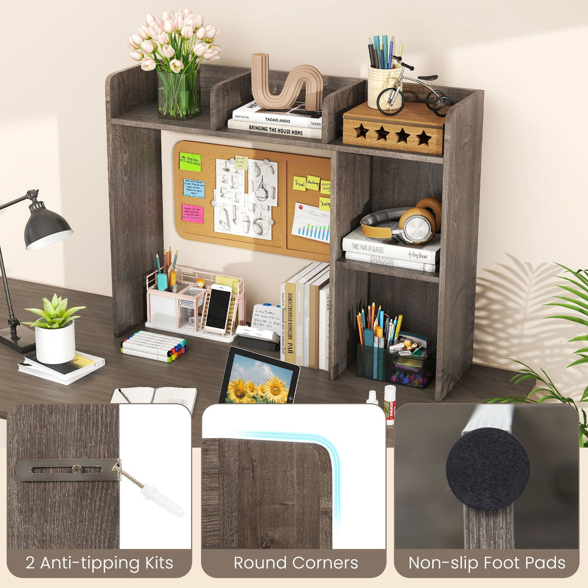 Goflame Desktop Bookshelf, Wood Desk Hutch Organizer for 27 Inch Computer Monitor