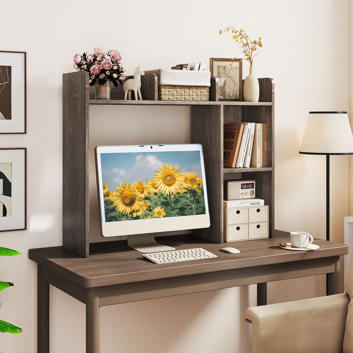 Goflame Desktop Bookshelf, Wood Desk Hutch Organizer for 27 Inch Computer Monitor