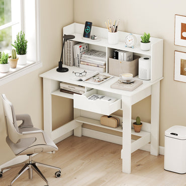 Goflame White Computer Desk with Hutch, Home Office Desk with Power Outlets, USB Ports