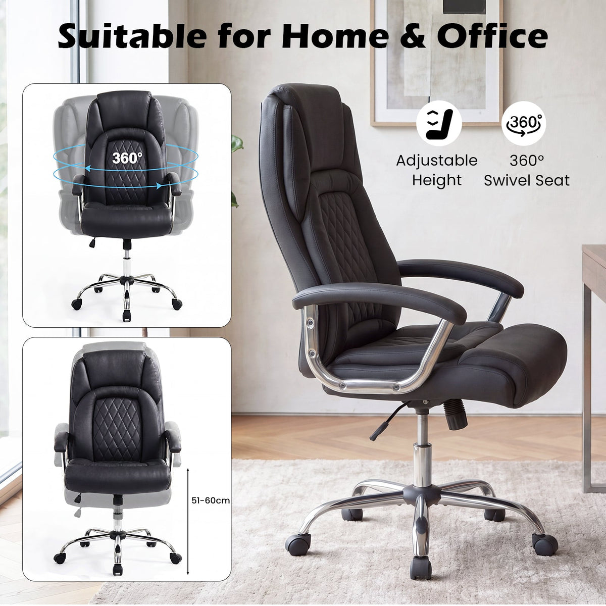 Goflame Ergonomic Leather Office Chair – Adjustable Swivel Executive Desk Chair with Armrests & Rocking Backrest