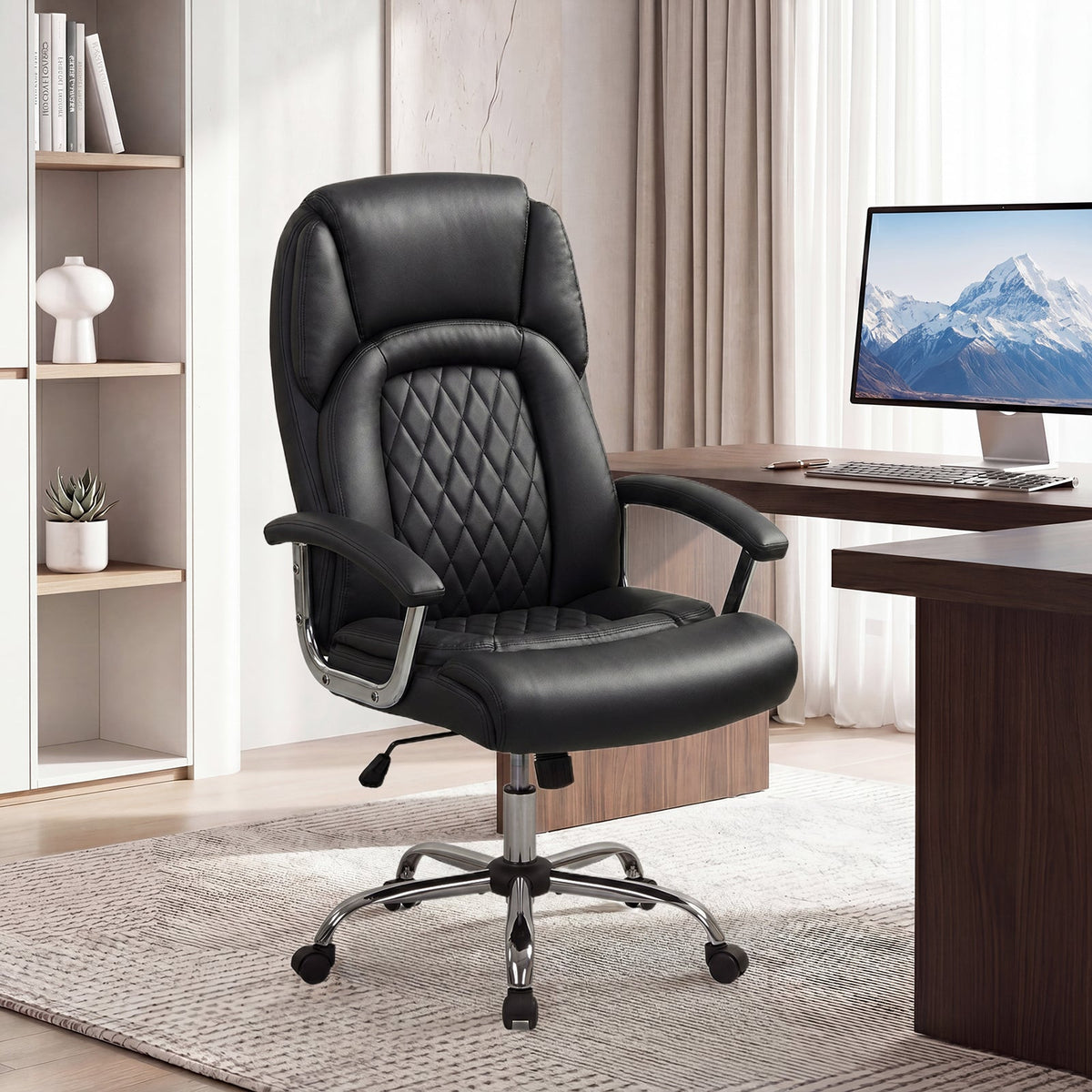 Goflame Ergonomic Leather Office Chair – Adjustable Swivel Executive Desk Chair with Armrests & Rocking Backrest