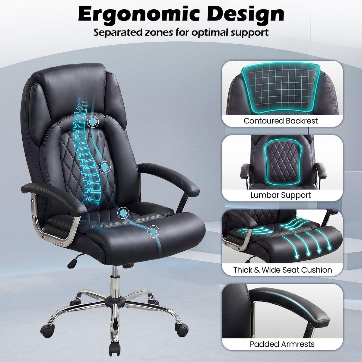 Goflame Ergonomic Leather Office Chair – Adjustable Swivel Executive Desk Chair with Armrests & Rocking Backrest