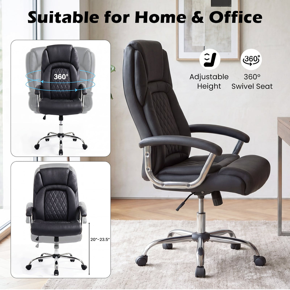 Goflame Ergonomic Leather Office Chair – Adjustable Swivel Executive Desk Chair with Armrests & Rocking Backrest