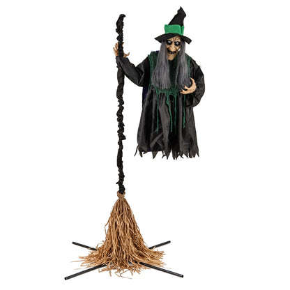 Witch with Broomstick Halloween Animatronic, Life Size Animated Halloween Prop with Laughing and Screaming Sound