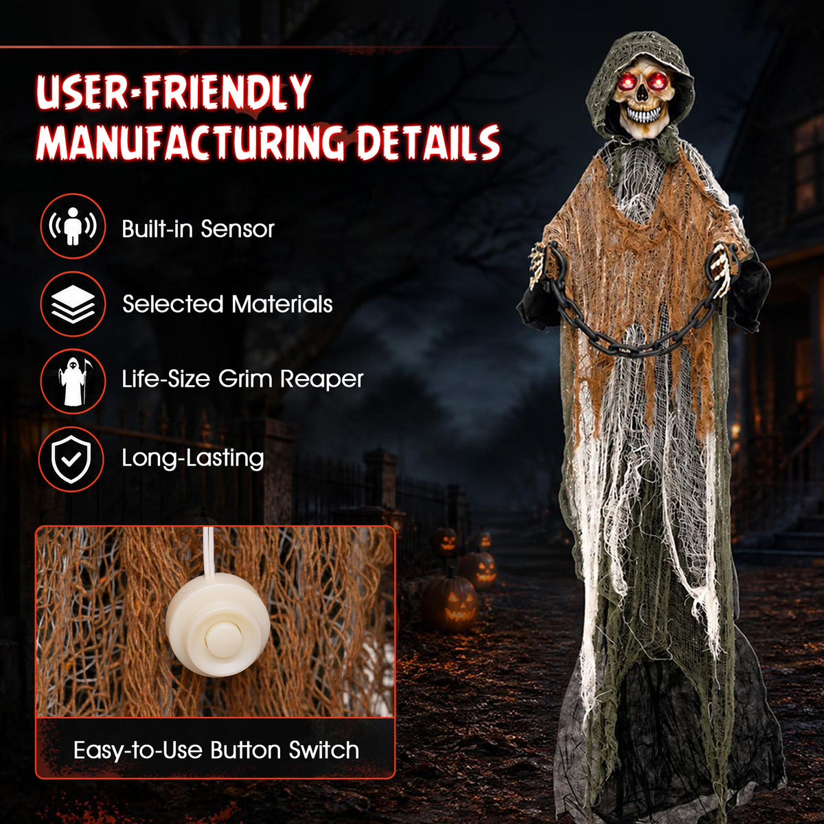 5.7 ft/175 cm Outdoor Life-Size Halloween Decoration with Chain