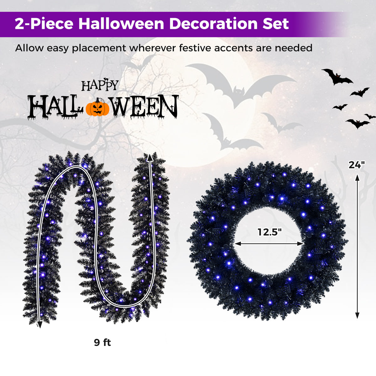 24 Inch/60 CM Wreath & 9 FT/255 CM Garland Set, Pre-Lit & Battery Operated