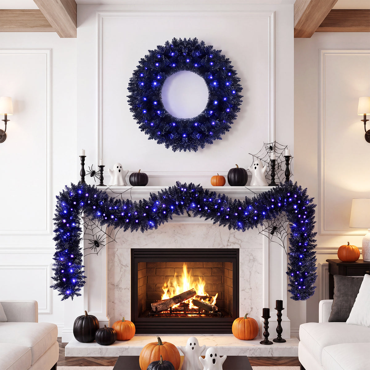 24 Inch/60 CM Wreath & 9 FT/255 CM Garland Set, Pre-Lit & Battery Operated
