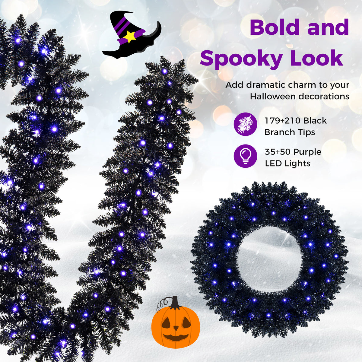 24 Inch/60 CM Wreath & 9 FT/255 CM Garland Set, Pre-Lit & Battery Operated