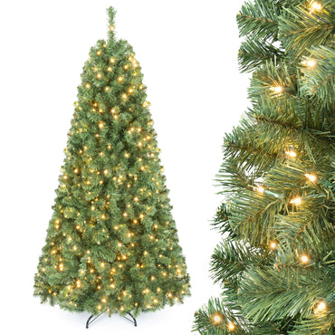 7/6/8 FT Pre-Lit Christmas Tree, Artificial Hinged Xmas Tree