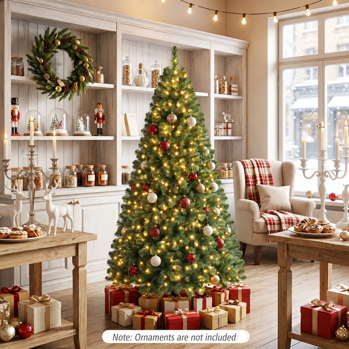 7/6/8 FT Pre-Lit Christmas Tree, Artificial Hinged Xmas Tree