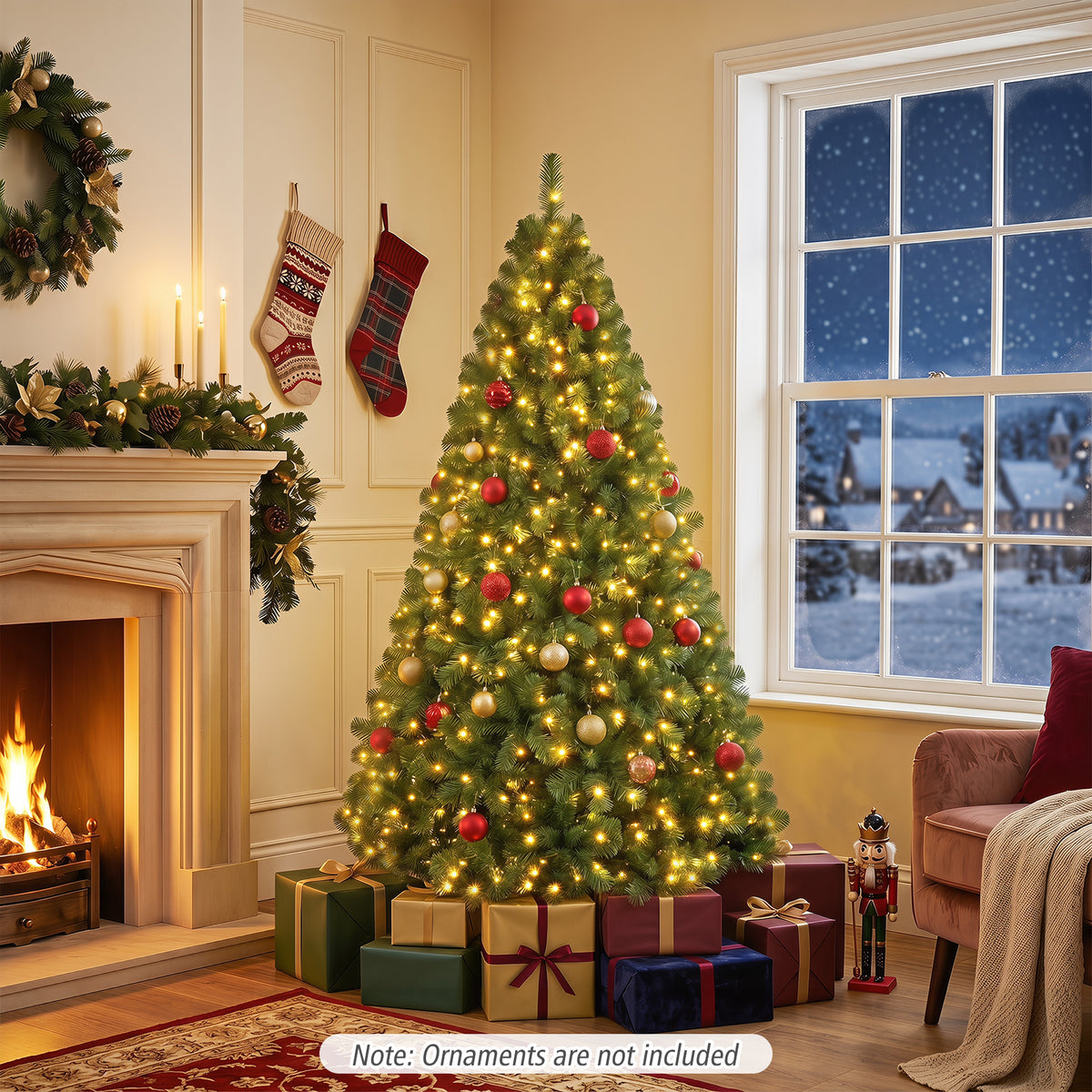 7/6/8 FT Pre-Lit Christmas Tree, Artificial Hinged Xmas Tree
