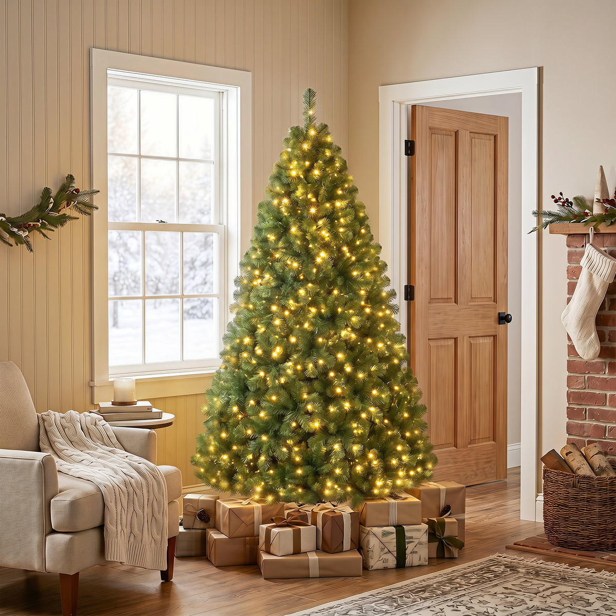 7/6/8 FT Pre-Lit Christmas Tree, Artificial Hinged Xmas Tree