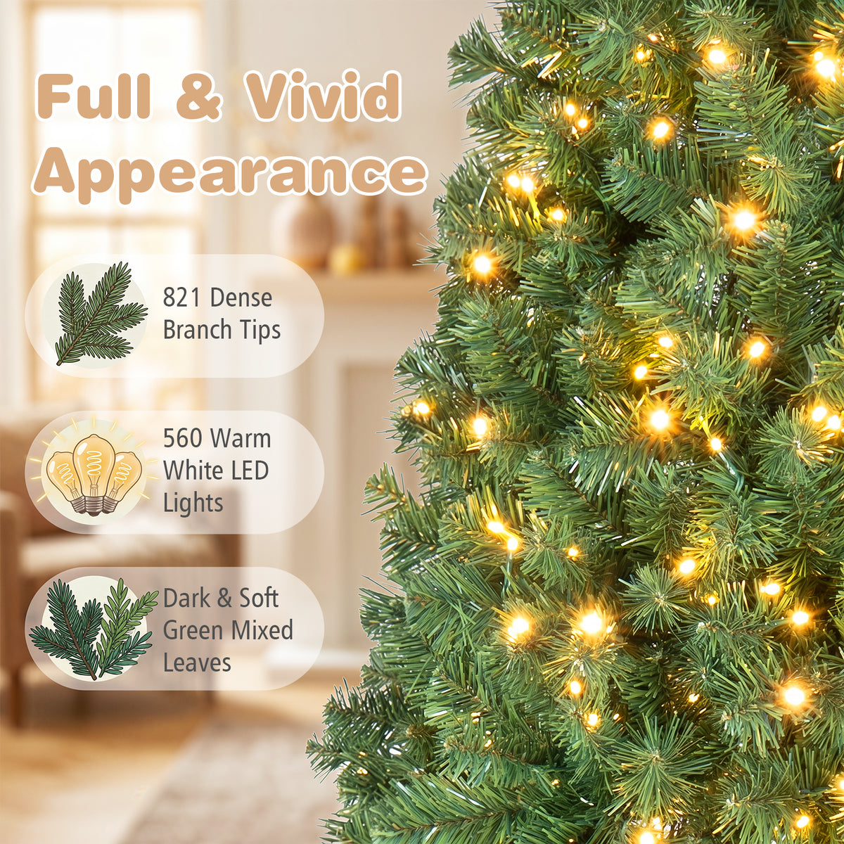 7/6/8 FT Pre-Lit Christmas Tree, Artificial Hinged Xmas Tree