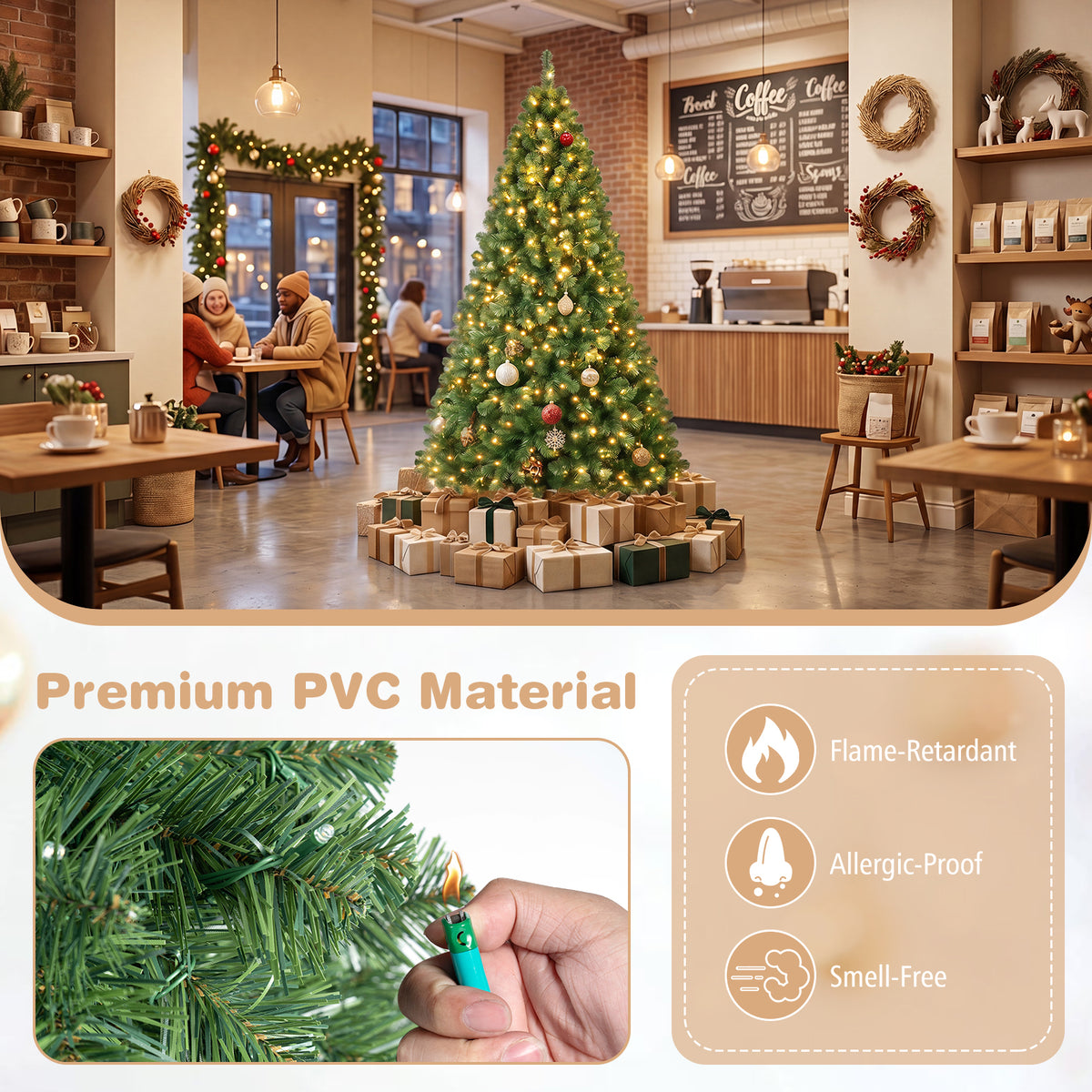 7/6/8 FT Pre-Lit Christmas Tree, Artificial Hinged Xmas Tree