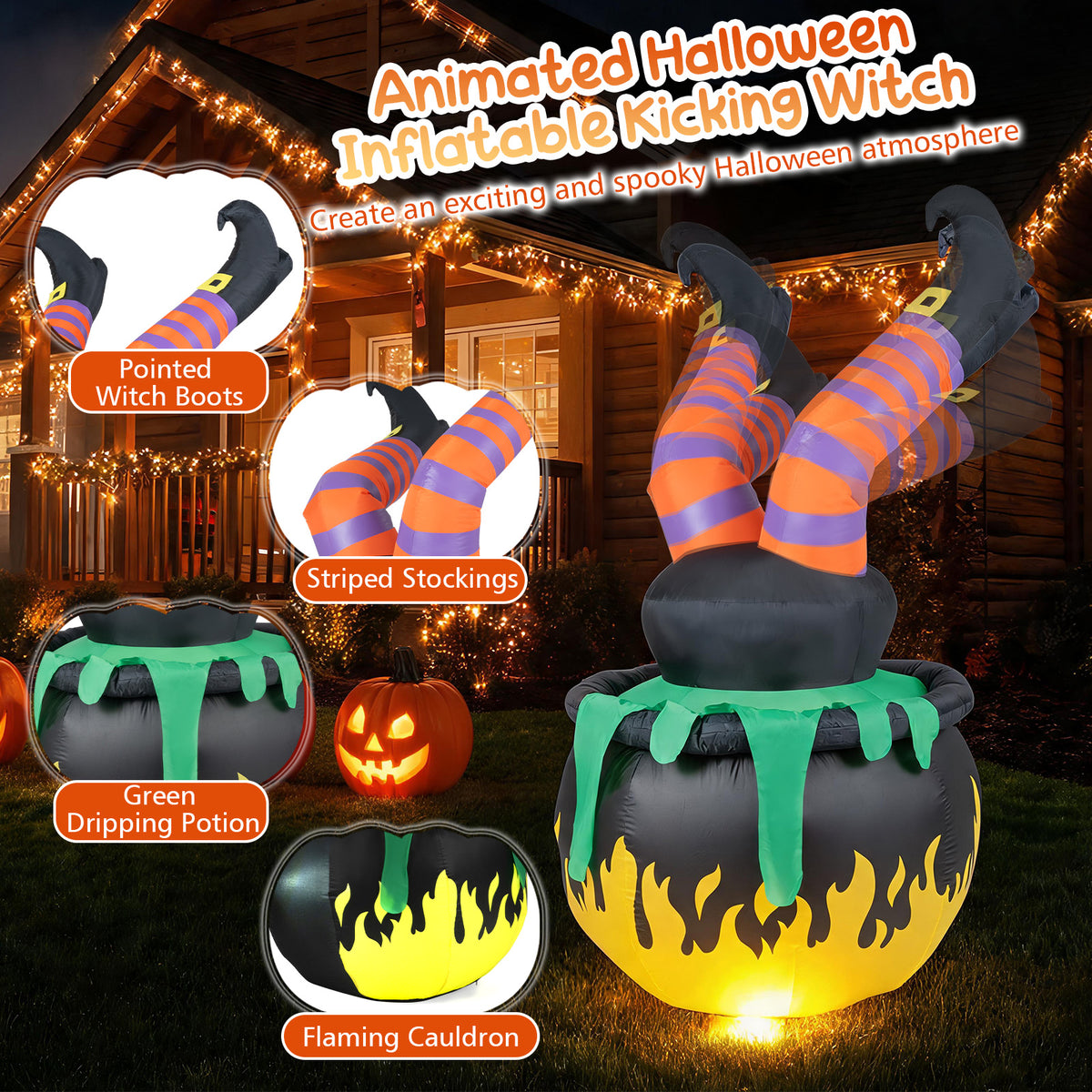 6 FT/185 cm Animated Halloween Inflatable Kicking Witch w/ LED Light