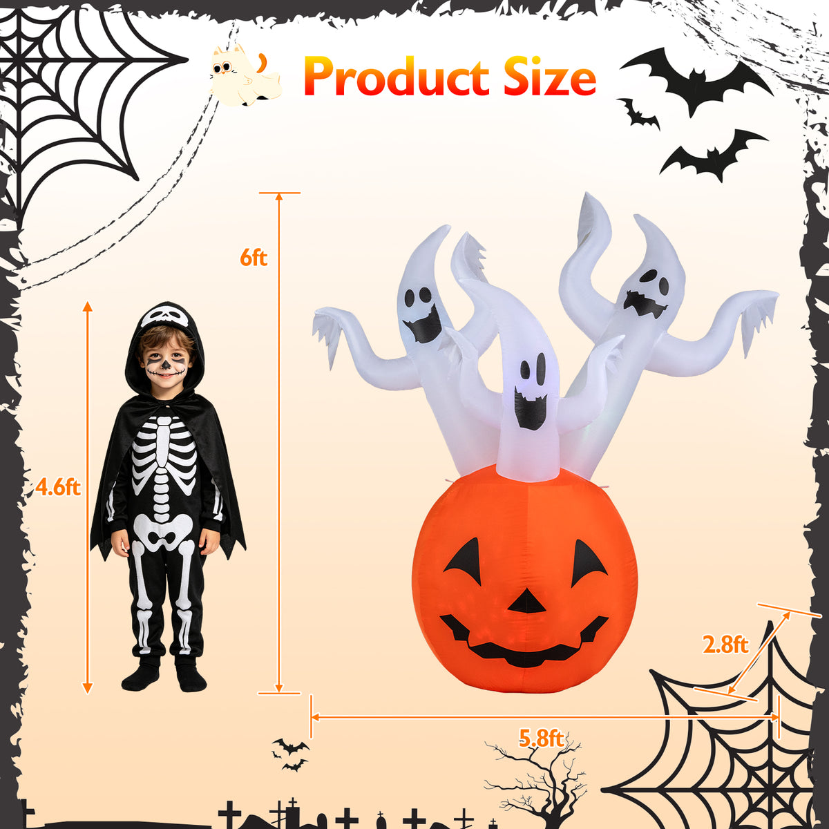 6 FT/ 185 CM Inflatable Ghost Pumpkin w/ Colorful Lights