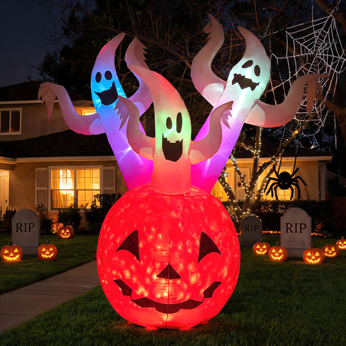 6 FT/ 185 CM Inflatable Ghost Pumpkin w/ Colorful Lights